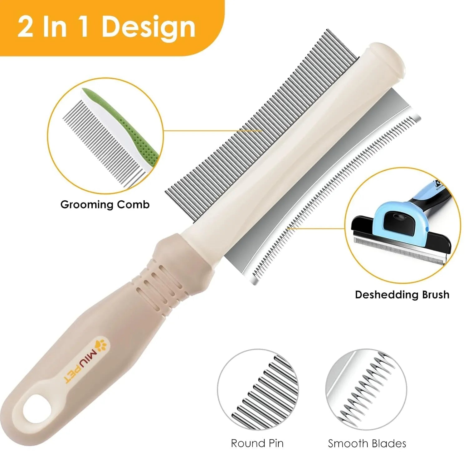 White double-sided dog and cat grooming brush with curved comb and deshedding blade, showing ergonomic handle.
