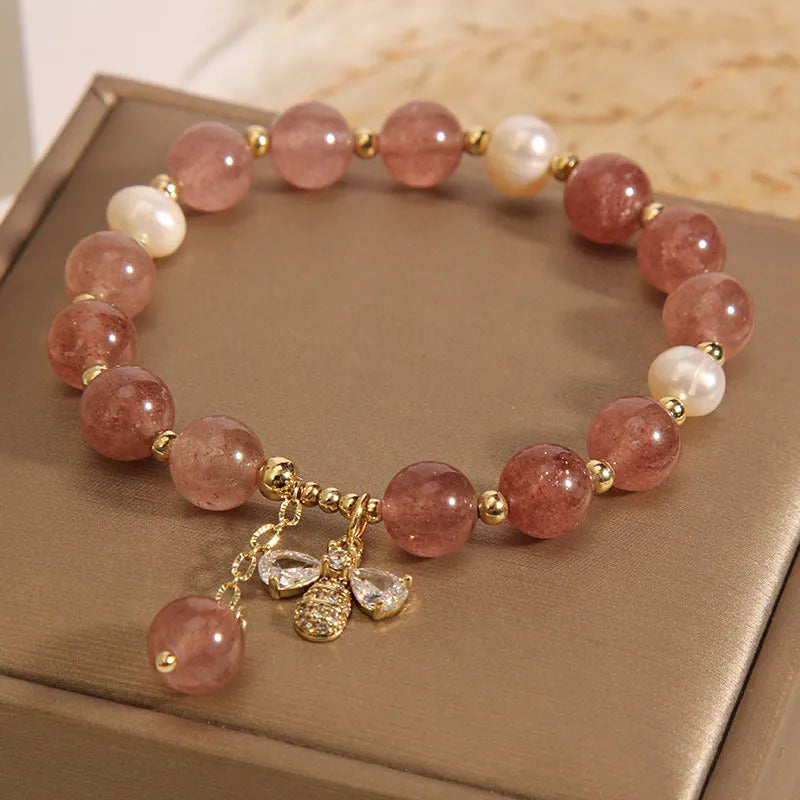 Women's pink strawberry quartz and white freshwater pearl bracelet with zircon accents on alloy chain