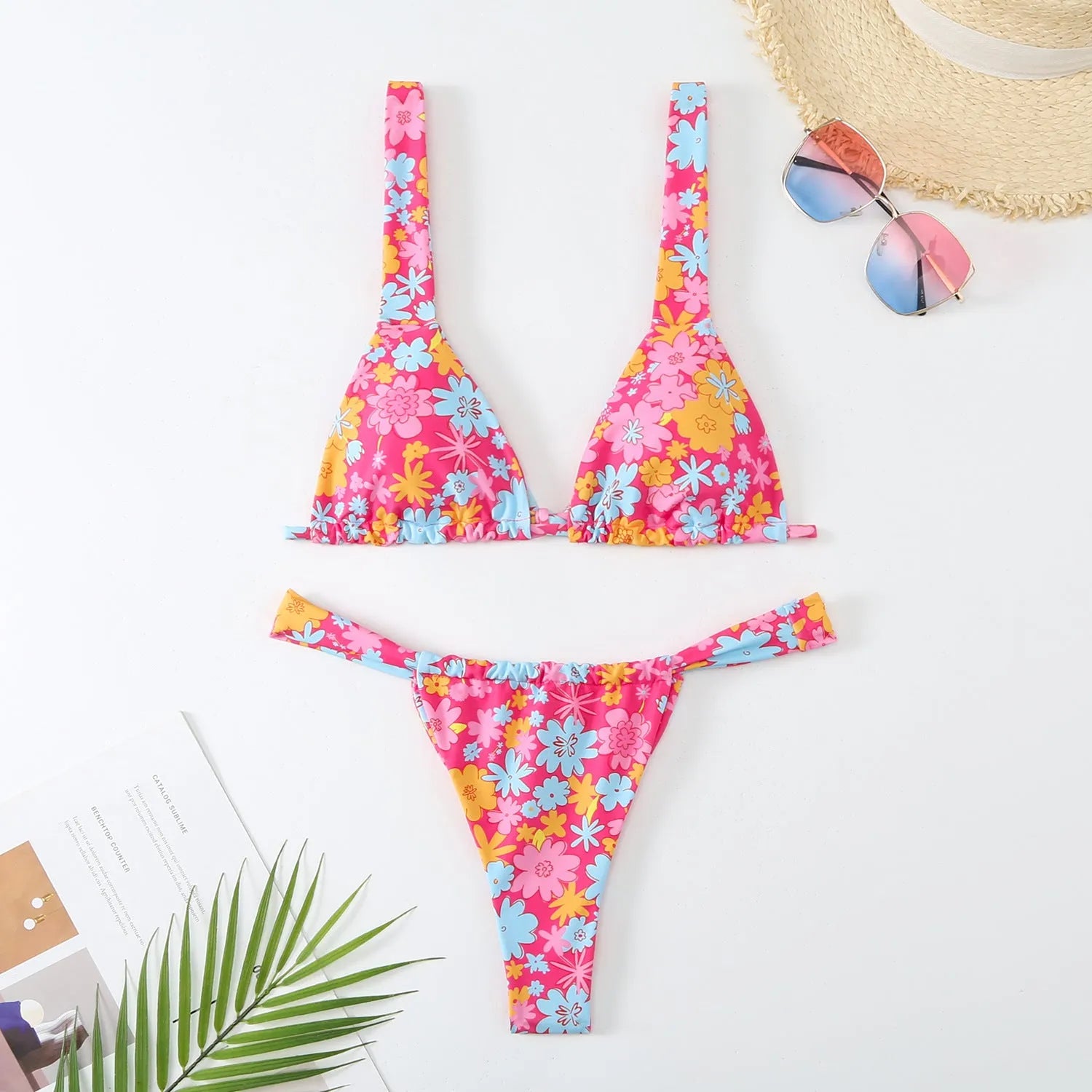 Women's floral-print bikini swimsuit in blue, rose red, sky blue, or white colours