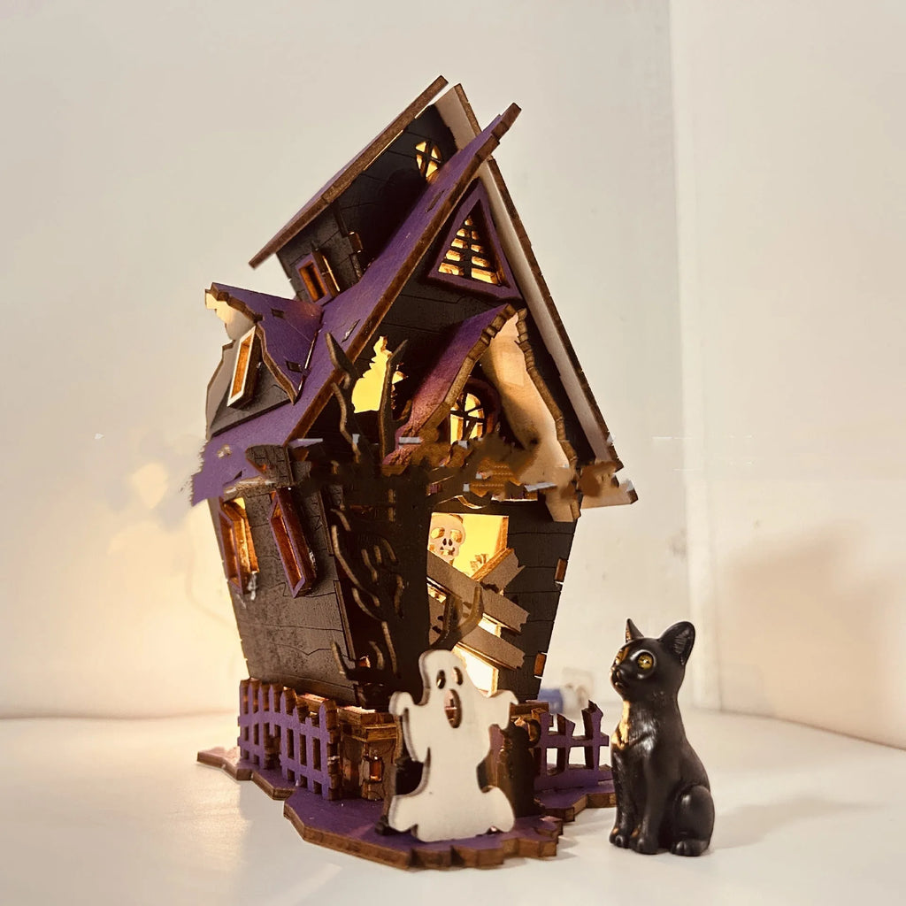 Wooden DIY glowing haunted house Halloween table decoration with candlestick holder function
