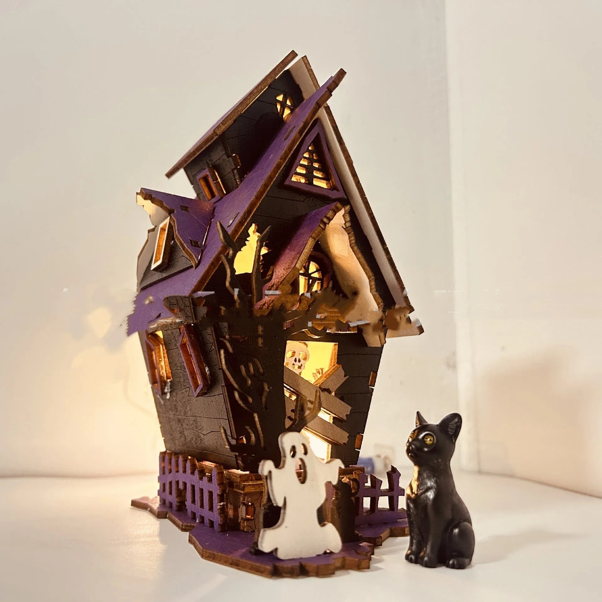 Wooden DIY glowing haunted house Halloween table decoration with candlestick holder function