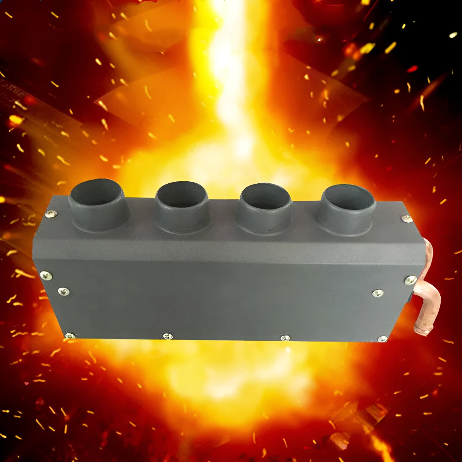 Metal car heater unit with copper pipe connections for 12V 24V auxiliary heating.