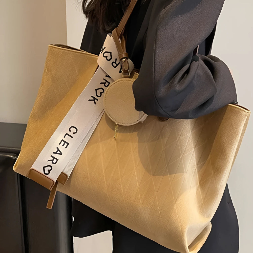 Women's large polyester shoulder tote bag with sandwich pocket in horizontal square shape
