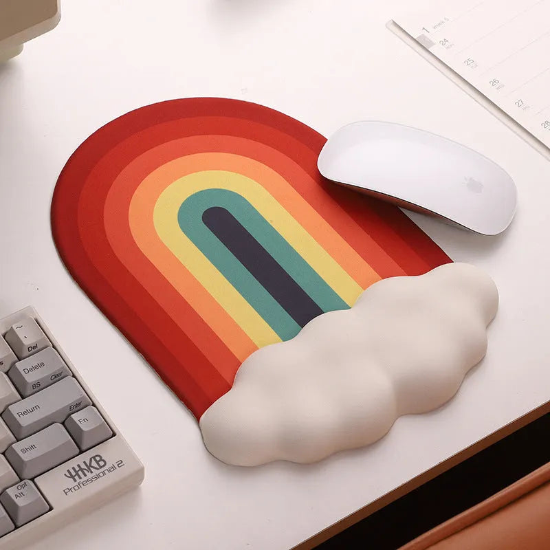 Silicone desk mat set with cloud-patterned wrist support and keyboard rest