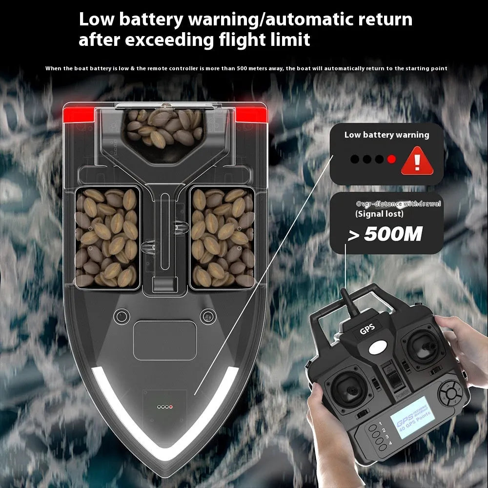 V020 GPS remote control fishing boat in luminous yellow with remote controller, showing LED light and drip bait function.