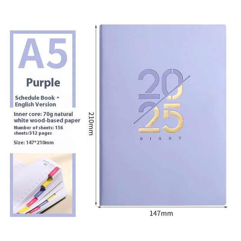 Soft faux leather A5 daily planner book open on a desk, showing Dorian paper pages and available colour variants.