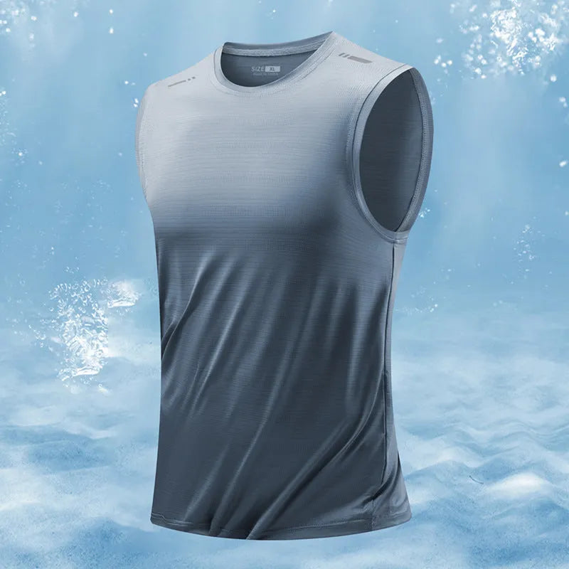 Men's loose fit sleeveless waistcoat vest in a solid colour, showing straight hem design.