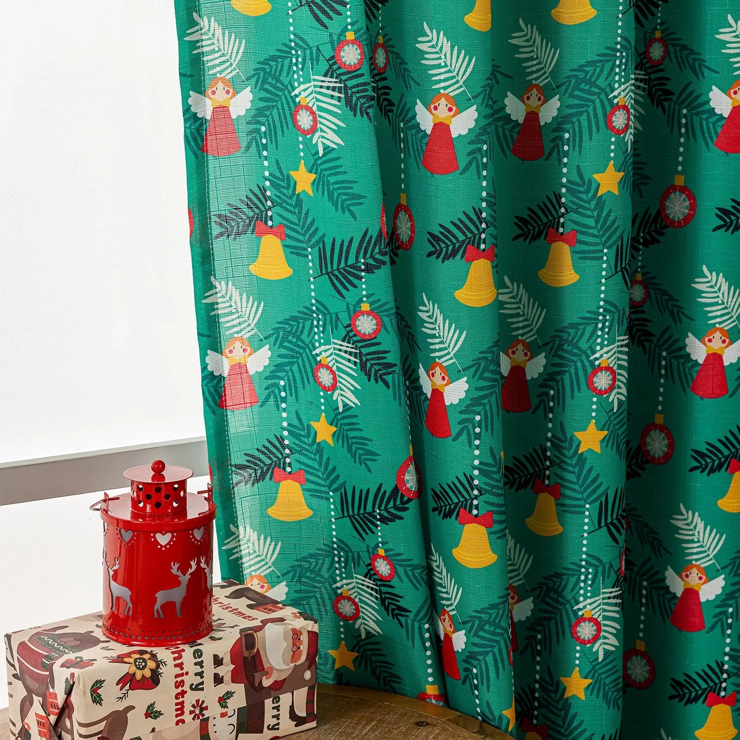 Christmas curtain with cartoon snowman and angel print in red colour