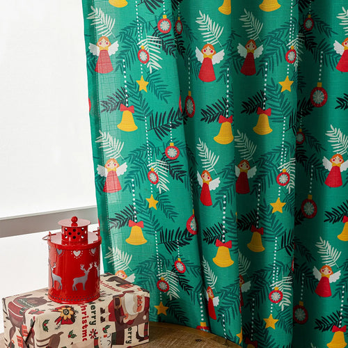 Christmas curtain with cartoon snowman and angel print in red colour