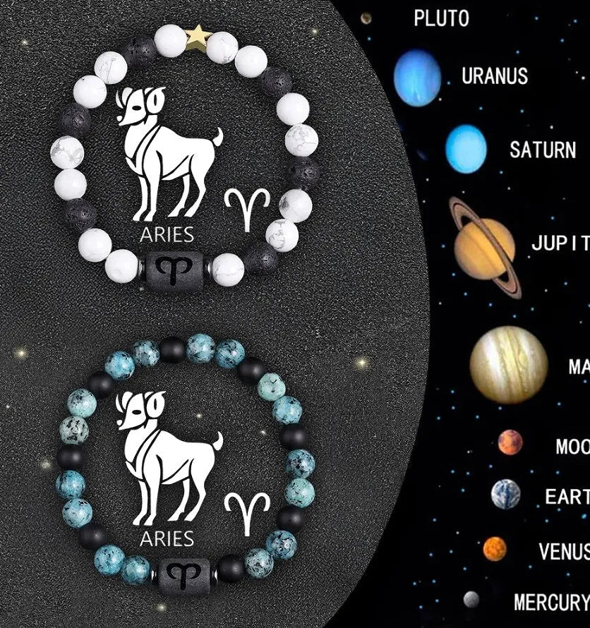 Set of twelve natural stone beaded bracelets showing different zodiac sign designs.