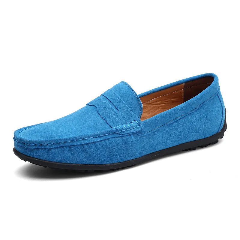 Men's suede leather Gommino casual shoes with flat rubber sole in black colour.
