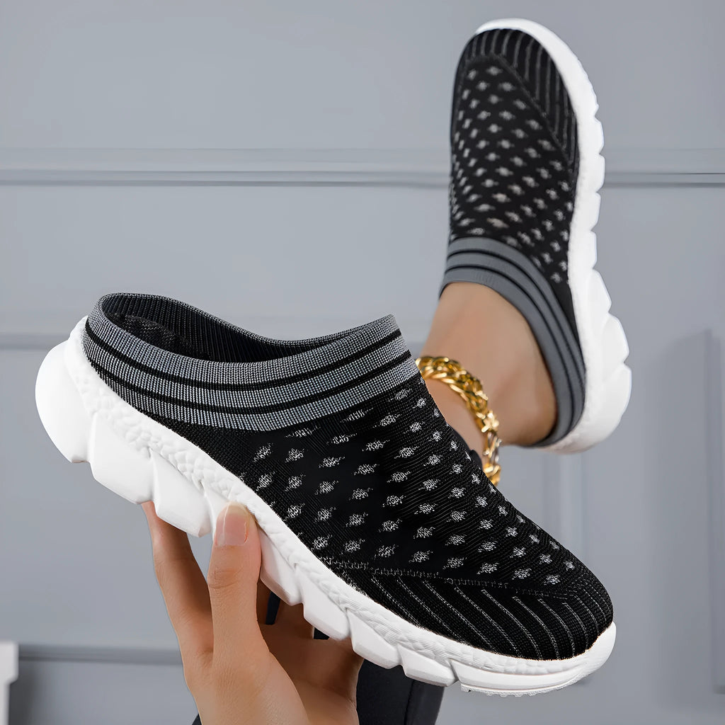 Women's striped flyknit socks semi slippers with hollowed-out design in black, pink and purple colours