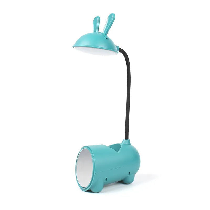 Green cartoon desk lamp with USB cable and pen storage compartment