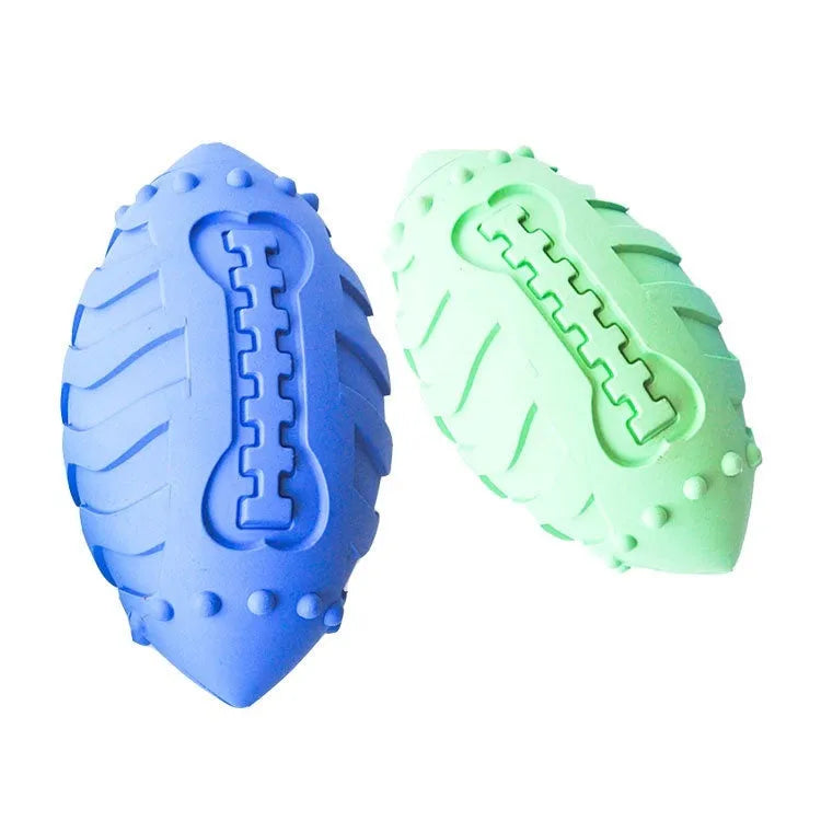 Thickened rubber vocal rugby ball dog toy in light green or sapphire blue for interactive training