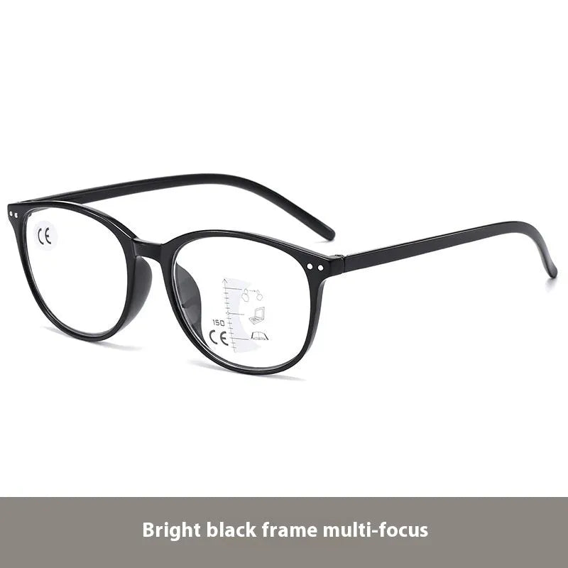 Women's ultra-light presbyopic glasses with multi-focus lenses shown in black and blue frame colour