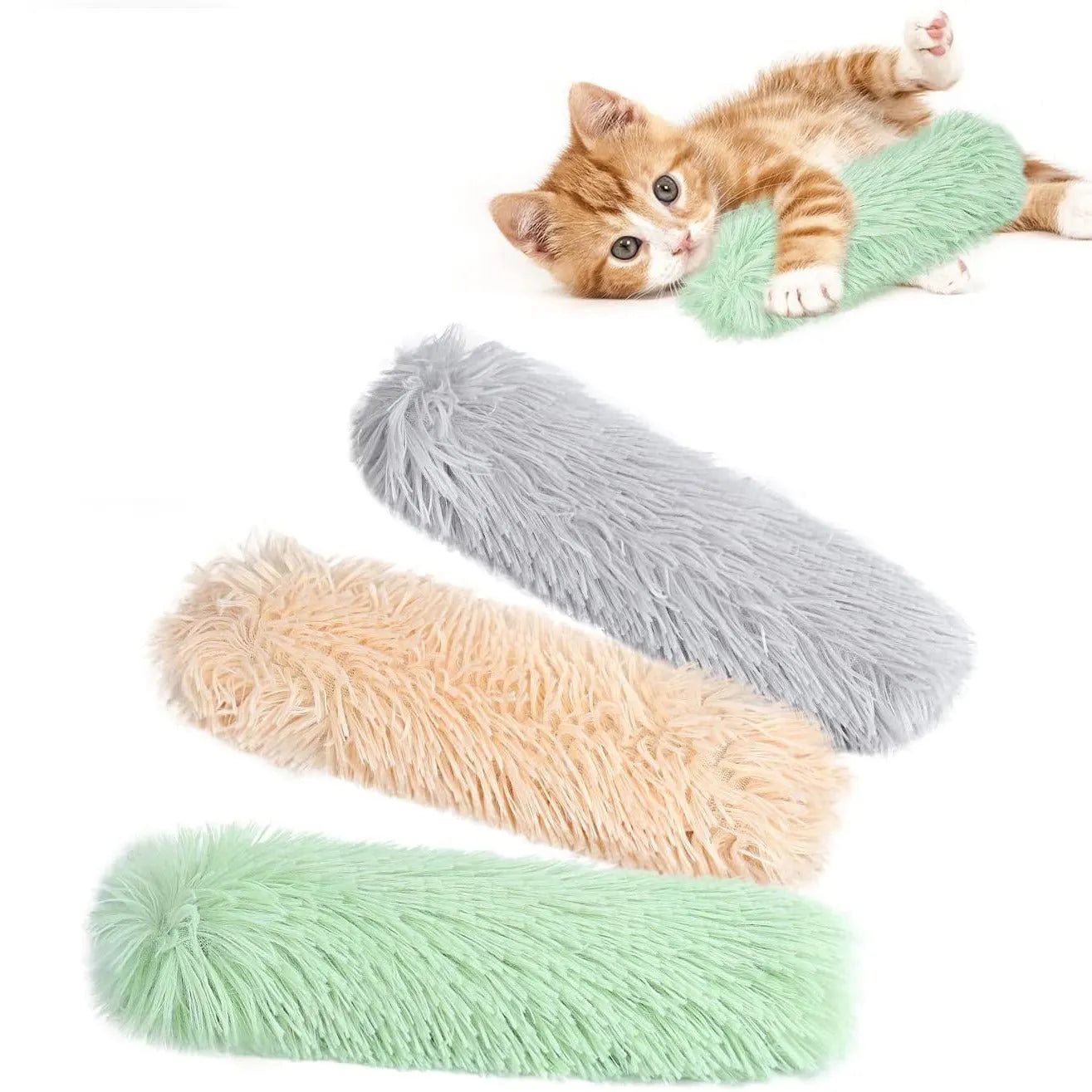 Soft plush cat toy pillow in blue, green, pink, or white, measuring 27cm long by 10cm wide