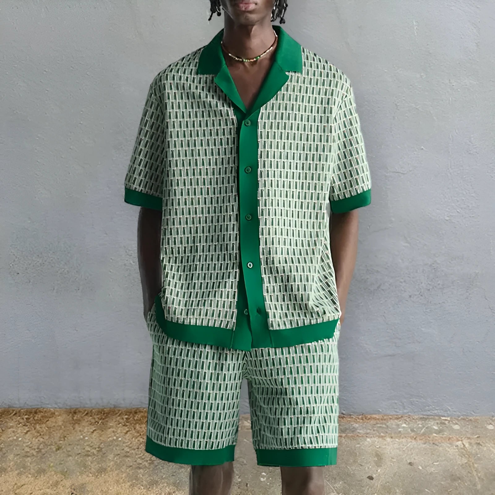 Men's plus size printed short sleeve shirt and elastic shorts two-piece beach set in MHX01344 colour.