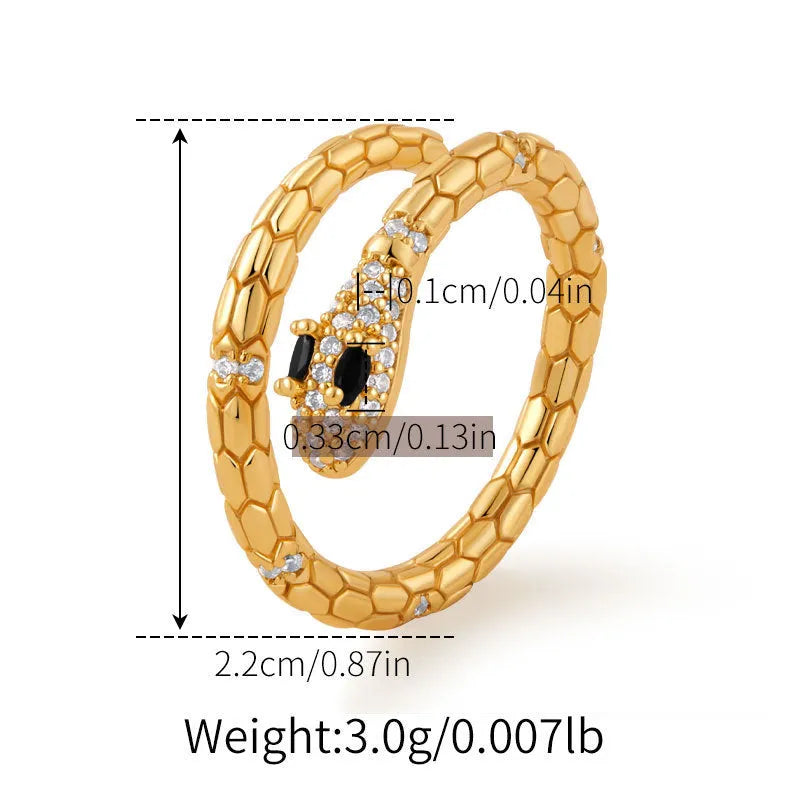 Snake-shaped adjustable copper ring with 18K gold colour finish and detailed animal modelling
