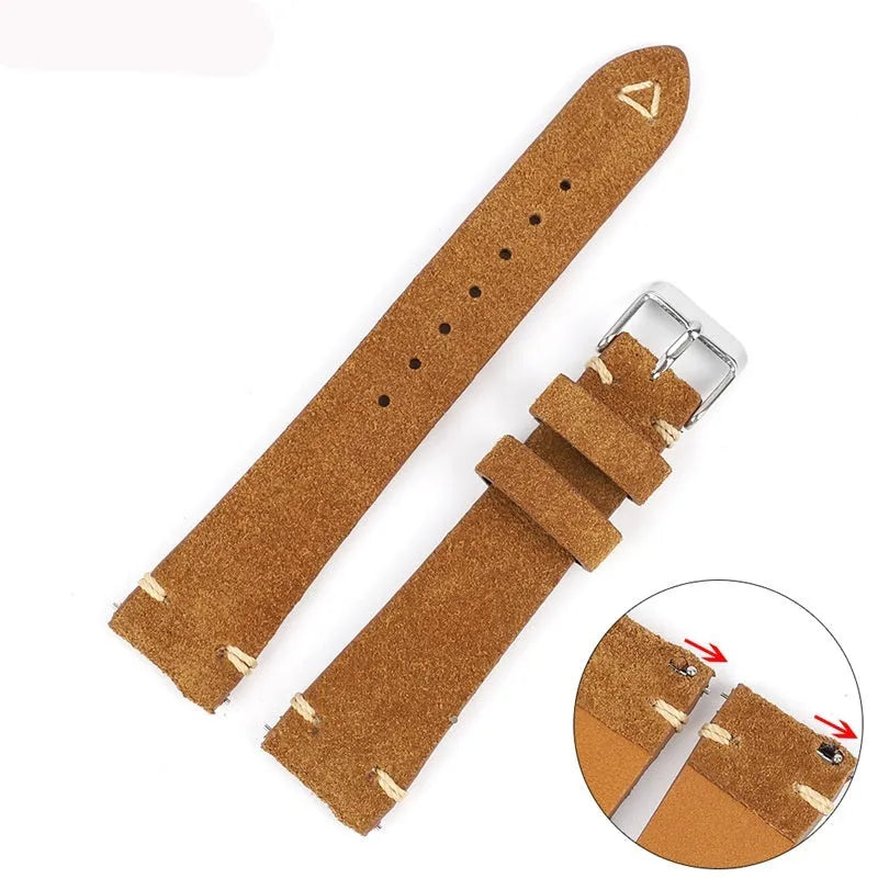 Brown suede genuine leather watch strap with ethnic style design, shown in 20mm width