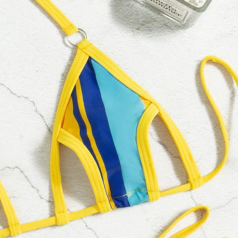Yellow split swimsuit for women with neck-hanging backless top and high waist shorts