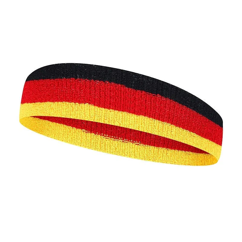 Multi-colour striped sports headband for adults shown in a 5.5 by 20 cm size.