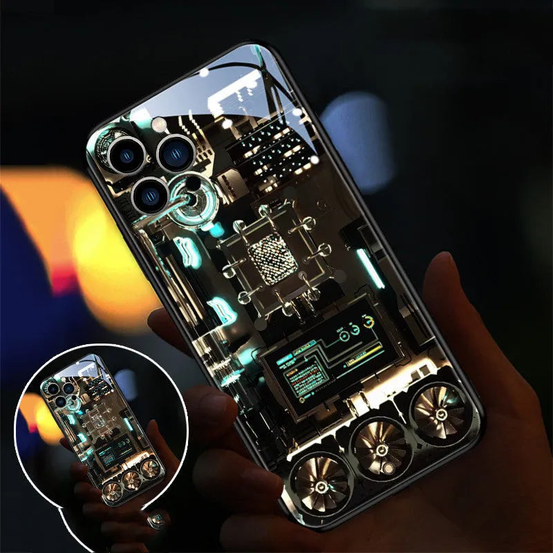 Xpress 14 tempered glass iPhone case with a light-up notification indicator on a table