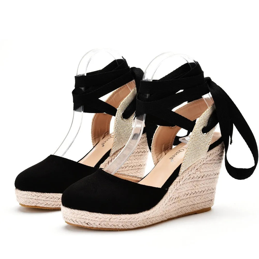 Women's apricot bohemian wedge sandals with beaded tassels and a buckle strap.