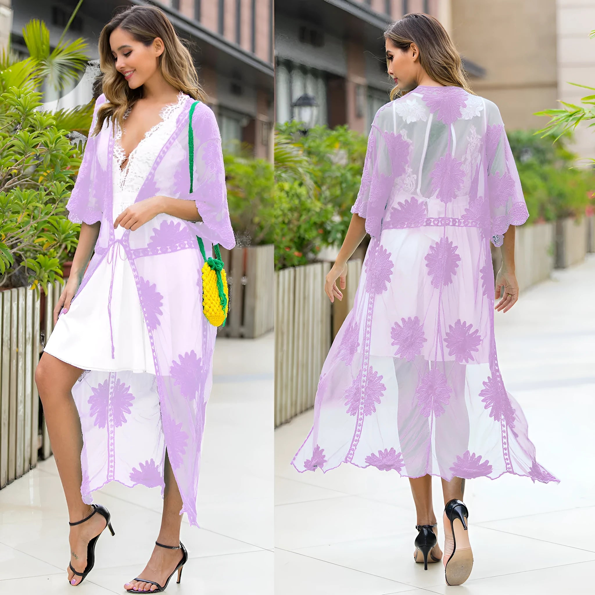 Light purple women's beach dress with lace embroidery detail for swimming and beachwear