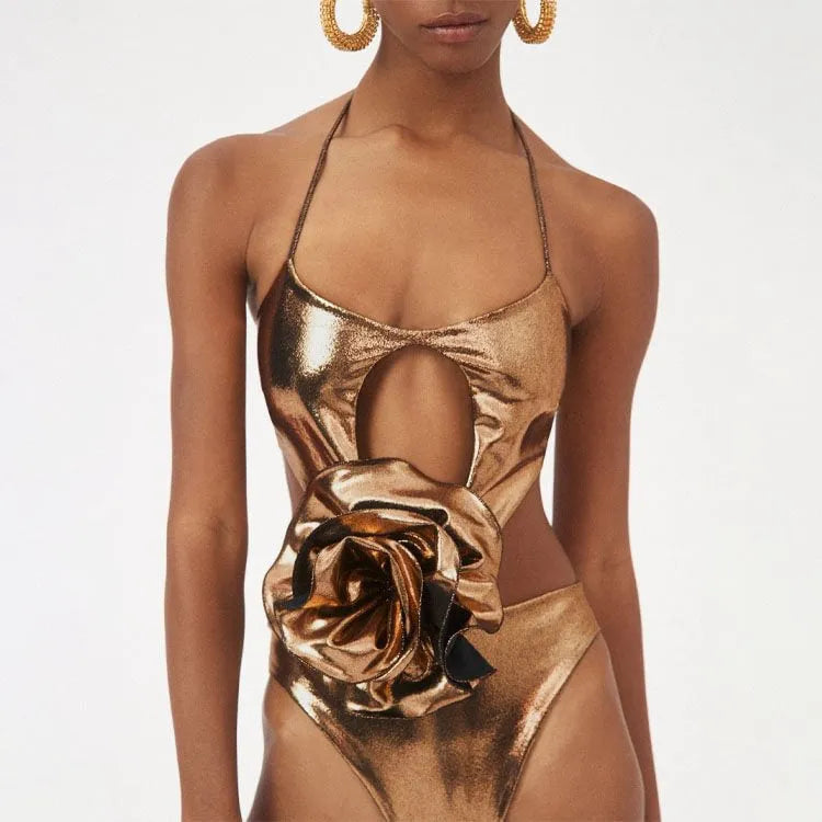 Gold handmade one-piece swimsuit with hollow out design and halter neck