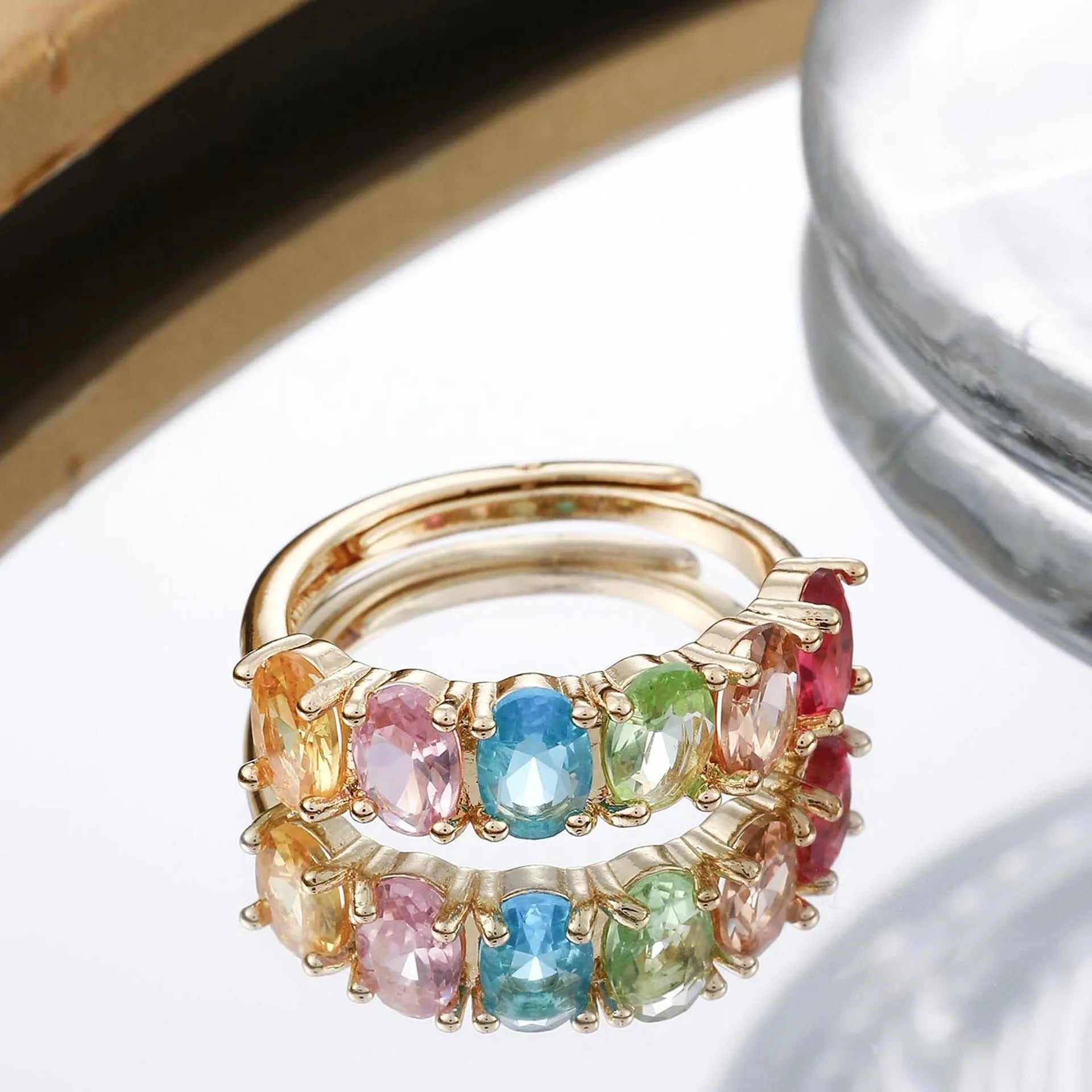 Adjustable women's copper zircon ring with gold electroplated finish in retro style
