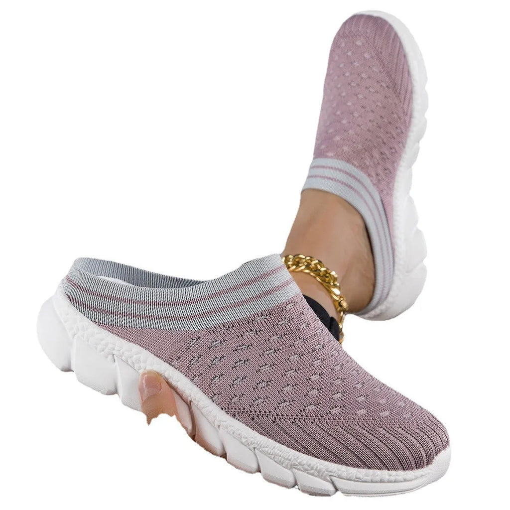 Women's striped flyknit socks semi slippers with hollowed-out design in black, pink and purple colours