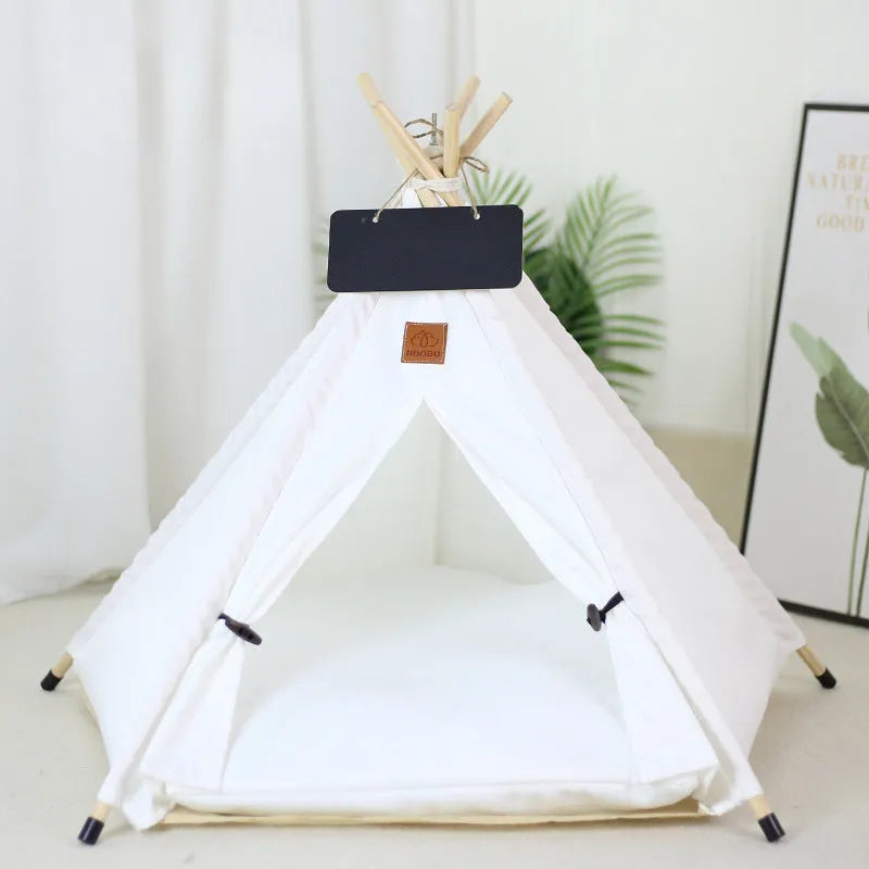 Striped linen pet teepee tent bed with cushion for a small dog or cat indoors