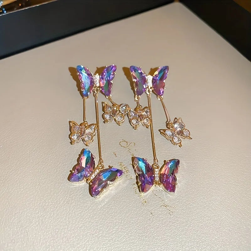 Women's silver needle crystal flowers butterfly tassel earrings with blue purple electroplated alloy design