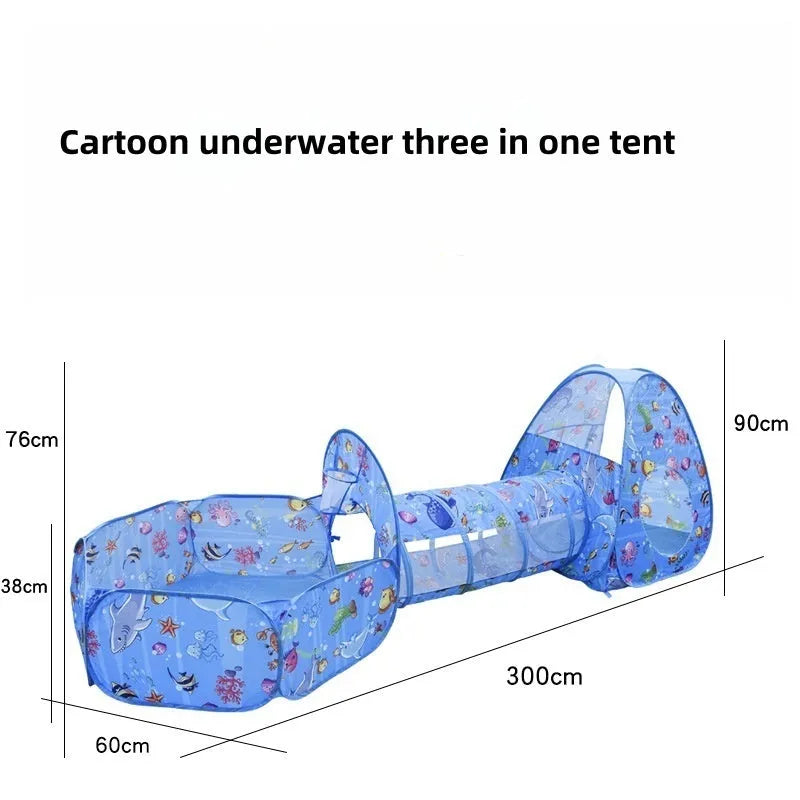 Marine cartoon themed three-in-one children's play tent set with ball pool and tunnel