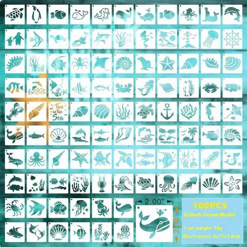 Milky white PET film stencils showing examples of 2-inch flower, animal, and letter designs.