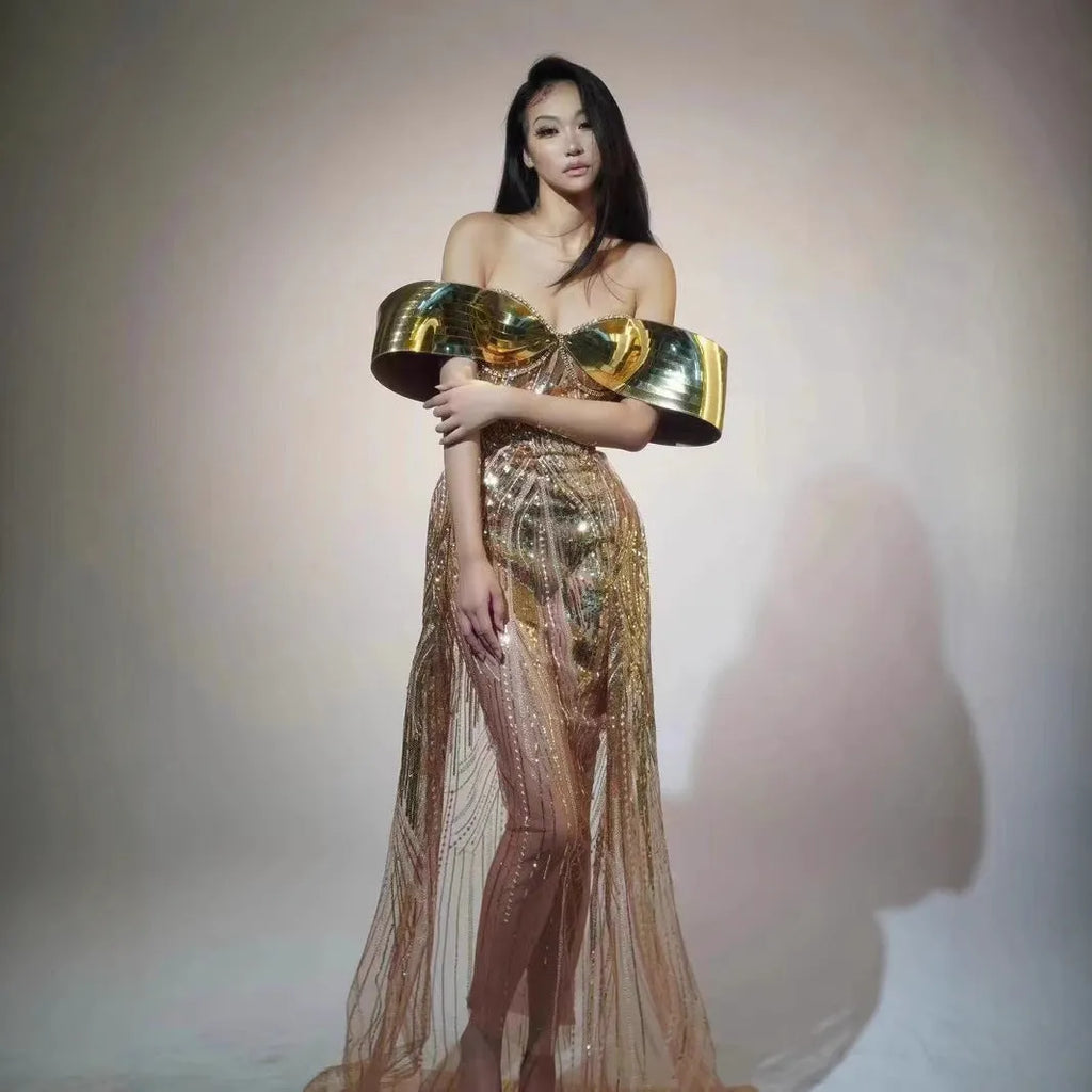 Gold women's strapless sequined dress with a split tulle skirt, long length, and mid waist fit