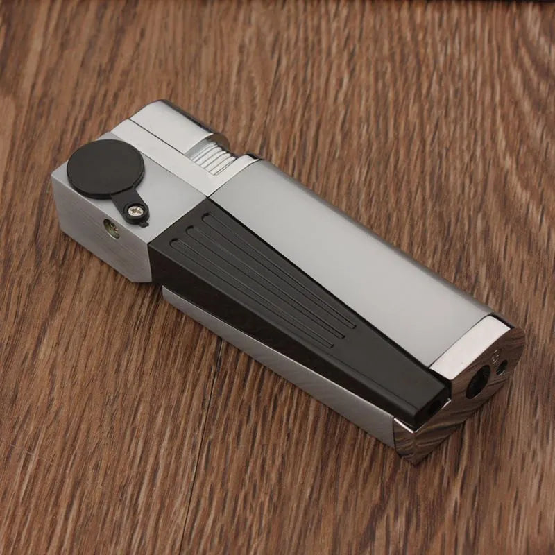 Folding metal pipe lighter showing open position with stash compartment visible