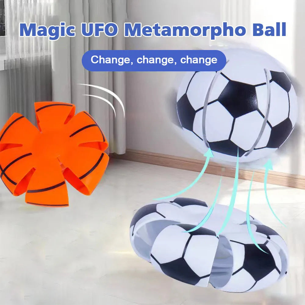 Interactive plastic dog toy showing ball and flying disc transformation states in multiple colours