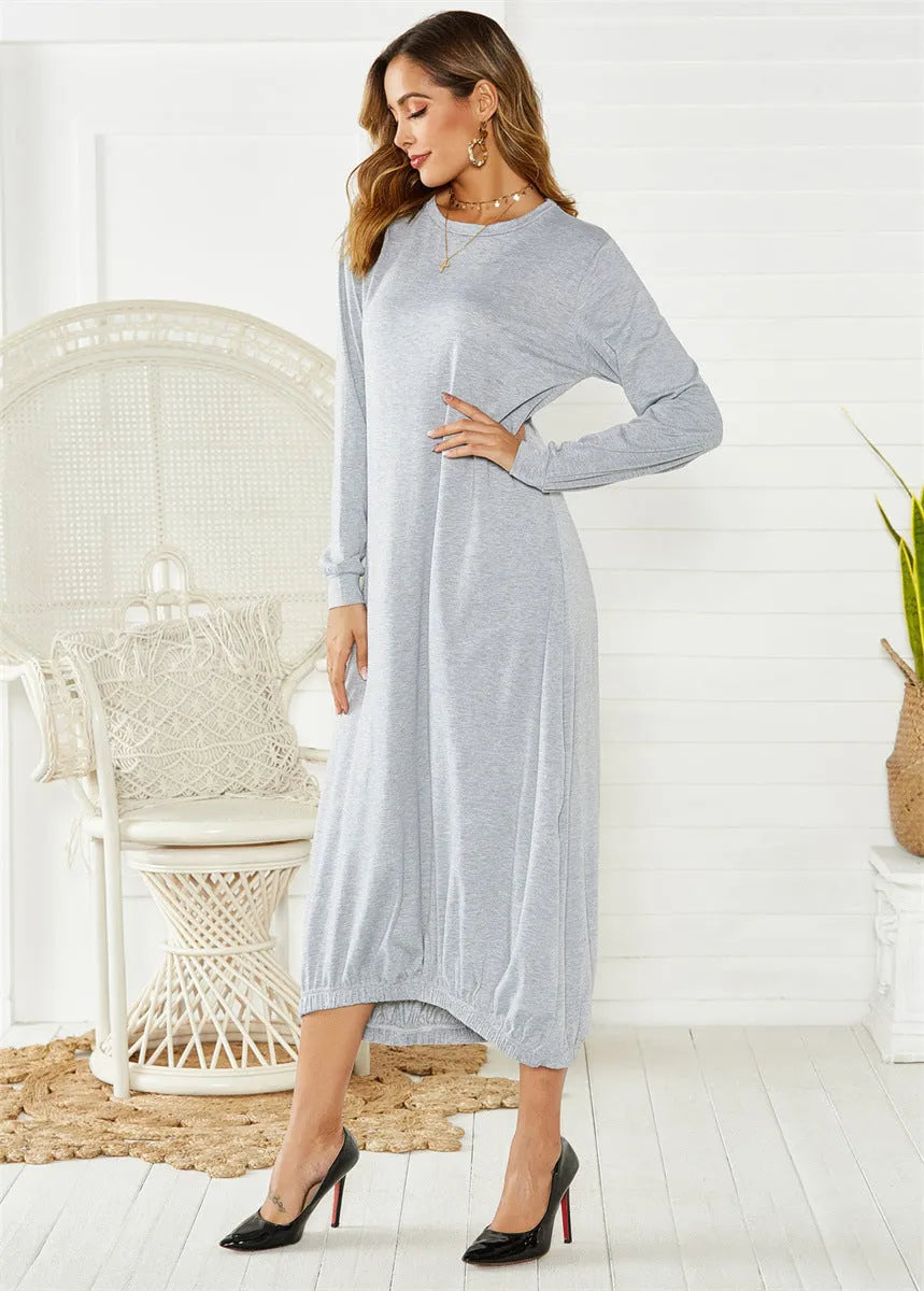 Loose lantern dress with lace-up crew neck in black or grey polyester knit fabric