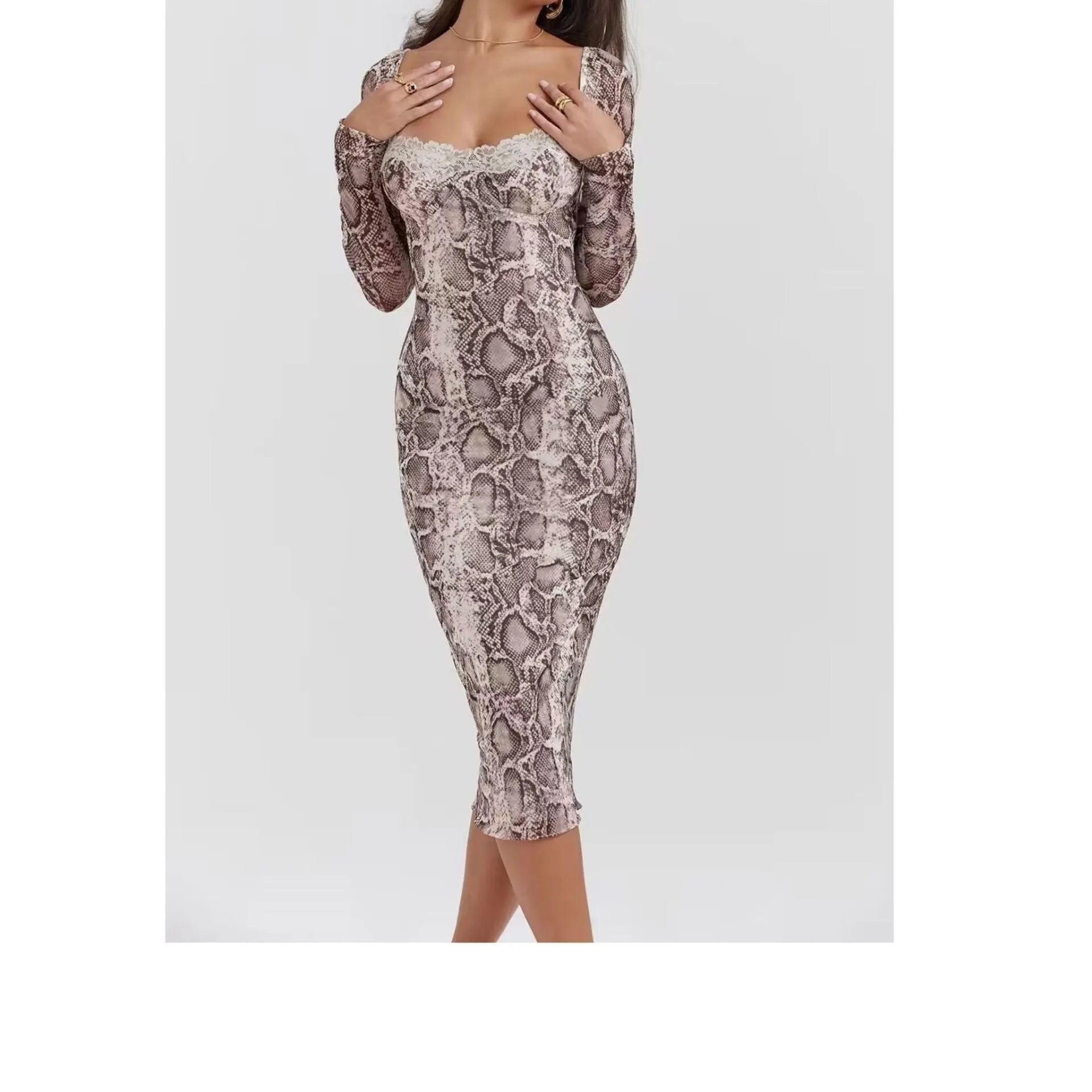 Grey women's slim fit lace dress with 3D digital print pattern and long sleeves.