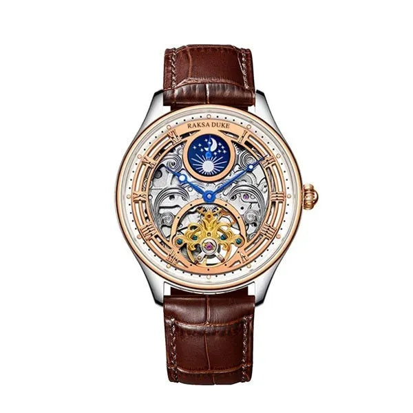 Business waterproof watch with hollow design steel case and matching steel strap, Duke Rosa colour scheme