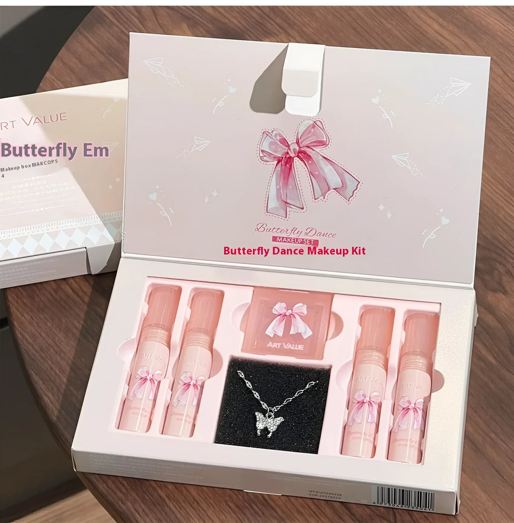 Butterfly Box makeup set with four matte lip muds, powder blusher compact and necklace