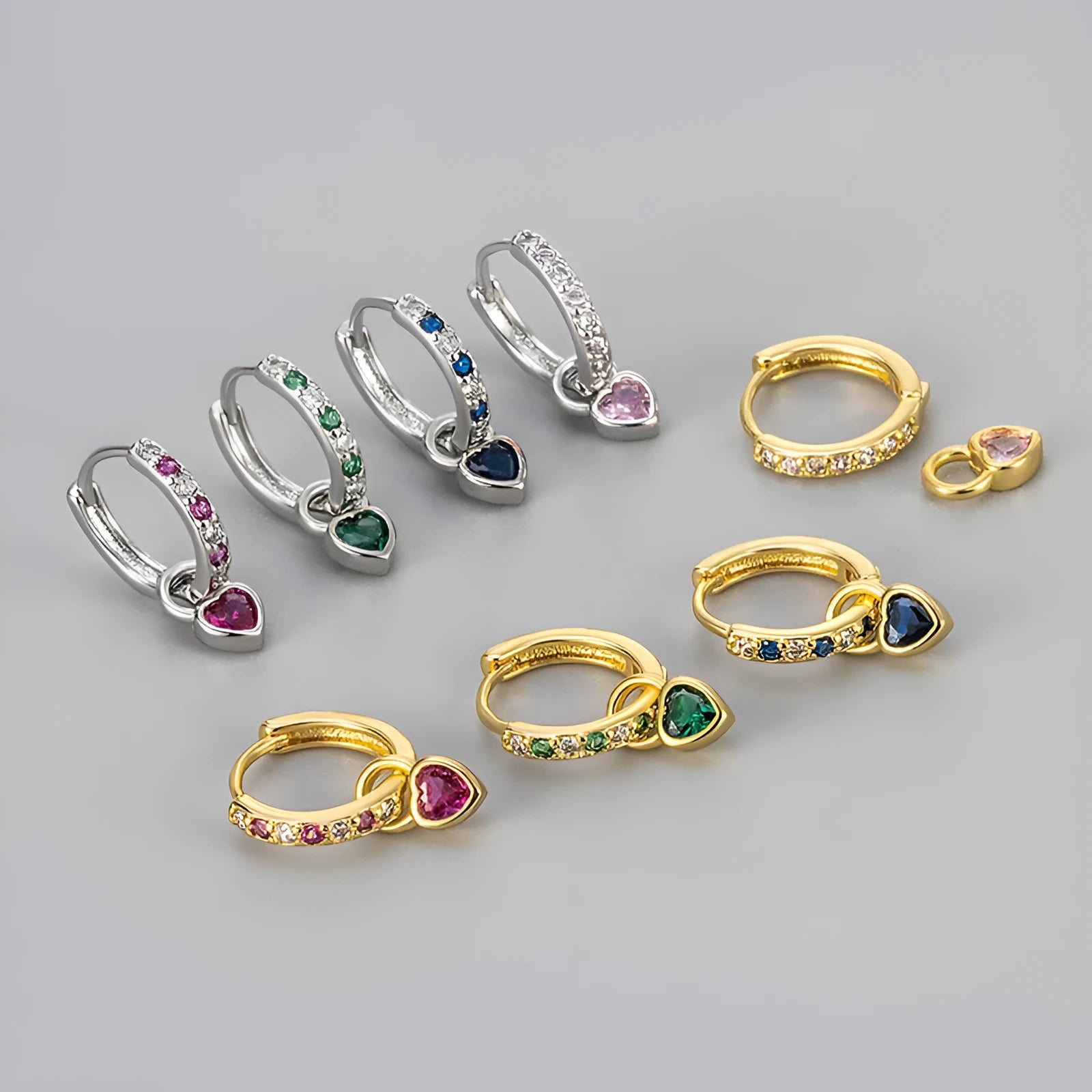 Women's heart drop earrings with coloured gemstone in gold or white gold colour metal
