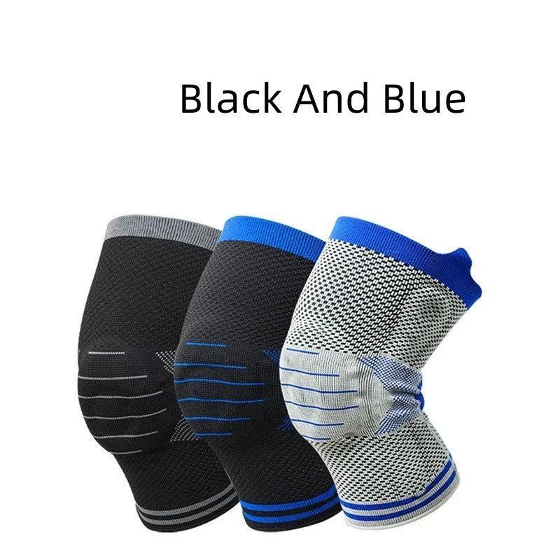 Silicone massage spring bar knee pad in black and blue cotton material for sports safety