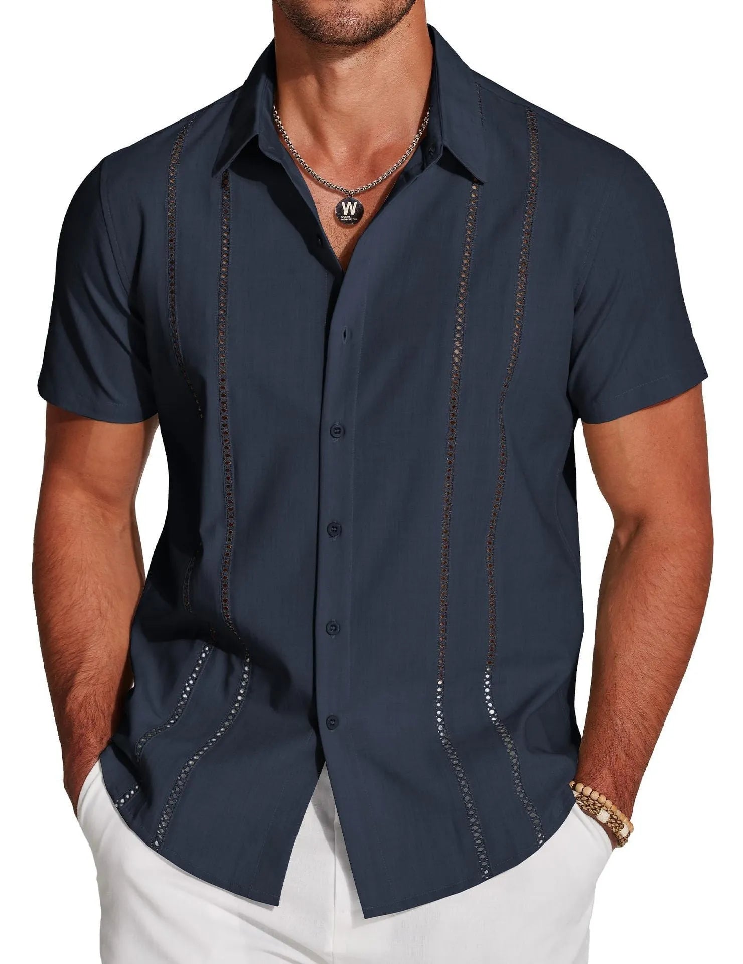 Men's slim fit short sleeve Hawaiian shirt with digital print pattern in stretch polyester fabric.
