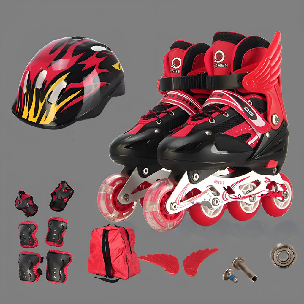 Children's adjustable skating shoes with protective gear set showing aluminium frame and wheels