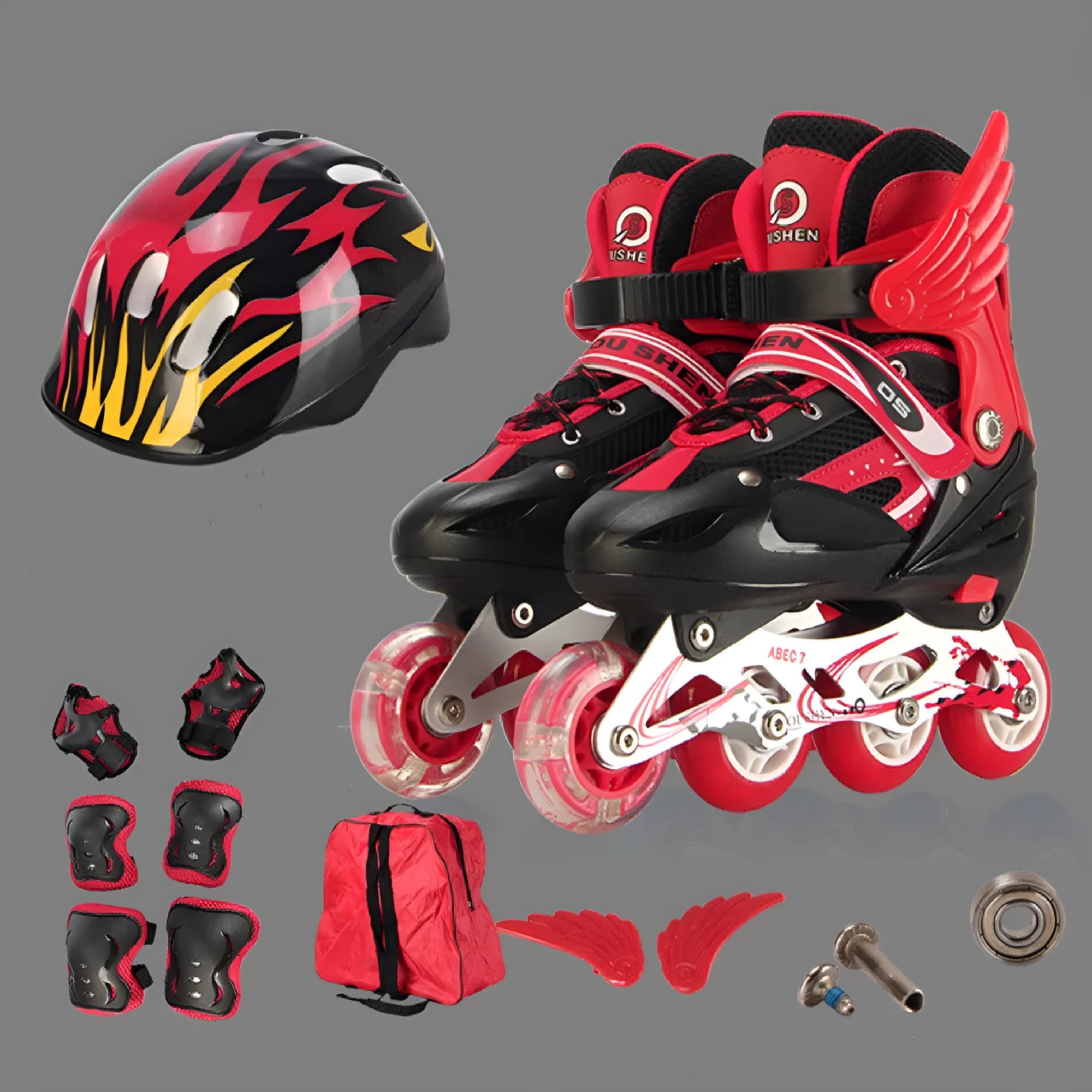 Children's adjustable skating shoes with protective gear set showing aluminium frame and wheels