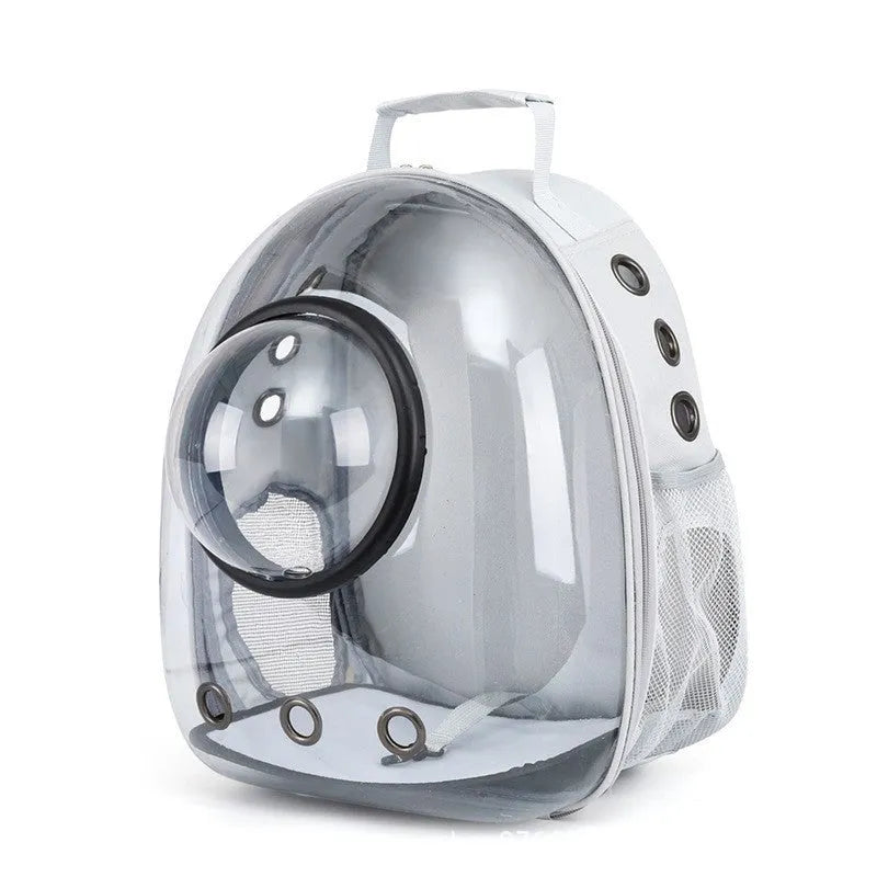 Grey astronaut-style structured cat carrier bag with a side-opening door