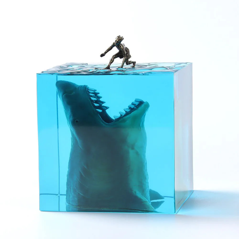 Clear epoxy resin shark surfer night light ornament with LED, modern design in 5cm or 8cm size.