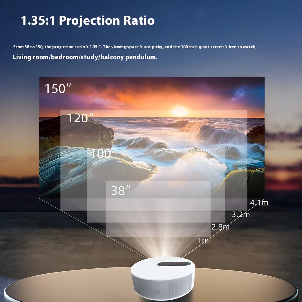 White 720p HD home theatre projector with remote control on a table.